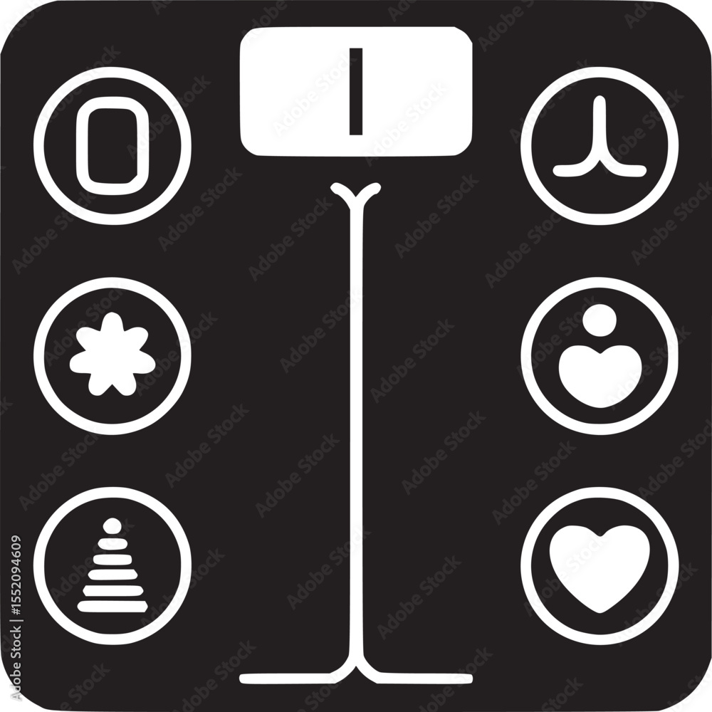 Poster black square device with rounded corners and various white icons displayed on its surface