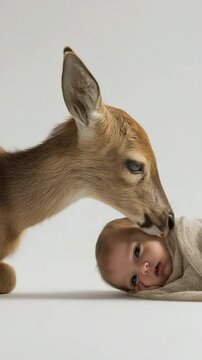 Rehkitz schnuppert an schlafendem Baby im Fotostudio. K&uuml;nstliche Intelligenz KI
