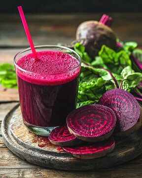 Vibrant beetroot juice with fresh beets and leafy greens on rustic wooden background