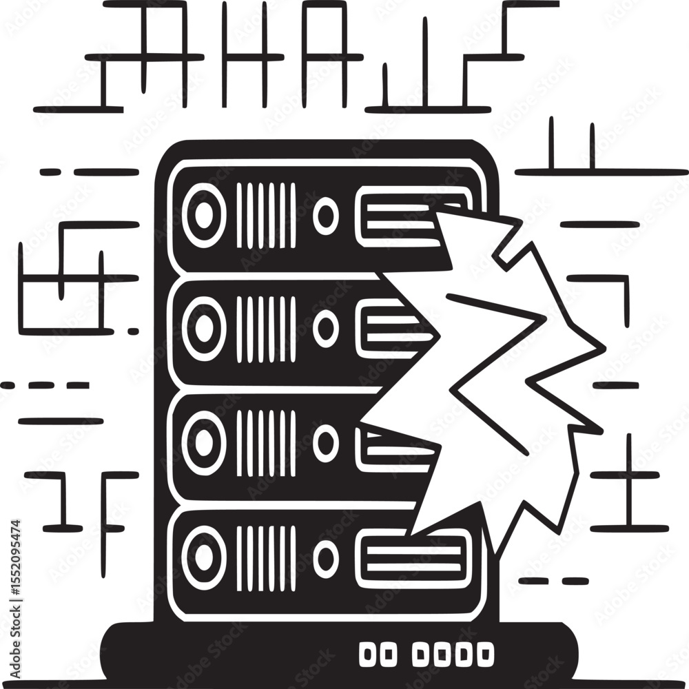Poster illustration of a black and white server rack with a crash symbol and abstract background
