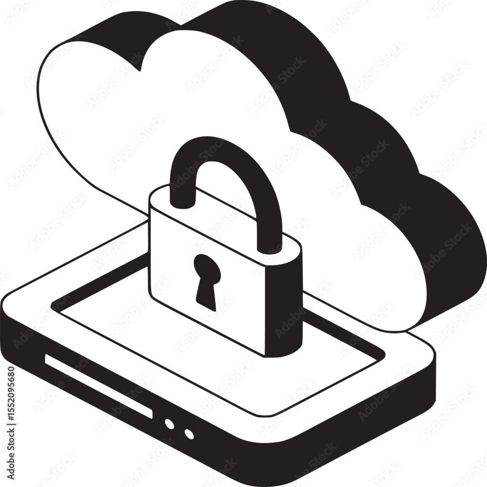Poster isometric illustration of a cloud and padlock on a device representing cloud security concept