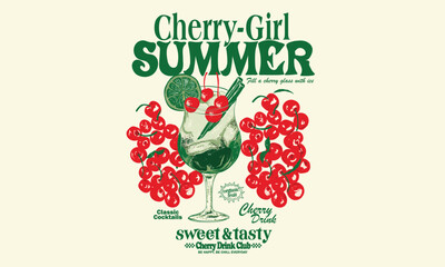 Naklejka na ściany i meble Summer print. Sweet cherry artwork. Cherry juice print. Cherry love. Organic food artwork for for t-shirt.