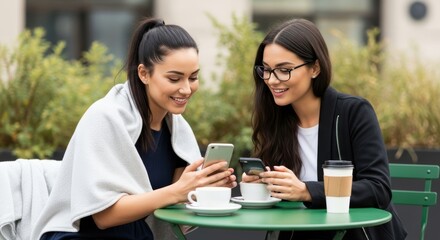 Two young women, one with a white shawl and the other wearing glasses, sit at a green table outdoors, smiling and looking at their smartphones.