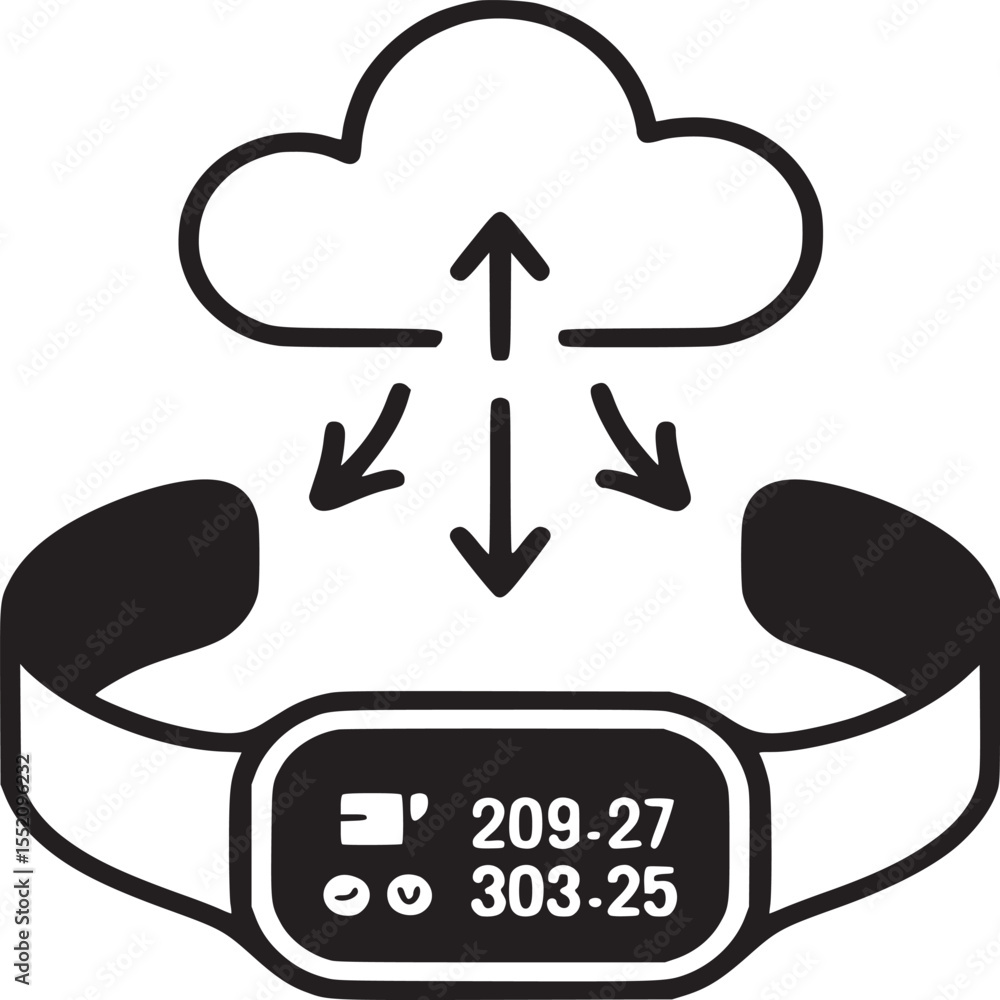 Poster a green fitness tracker with data displayed connected to a cloud with arrows pointing to it