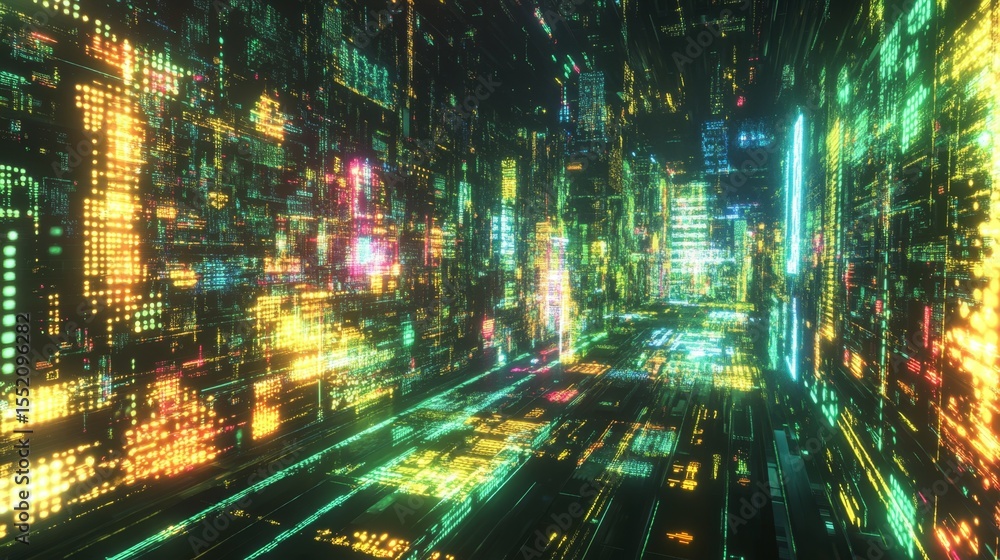Fototapete Navigating a cyberspace world of glowing binary code in a digital landscape for interactive experiences