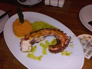 Grilled octopus with sweet potato puree and herb sauce on elegant white plate. Pulpo a la brasa in...