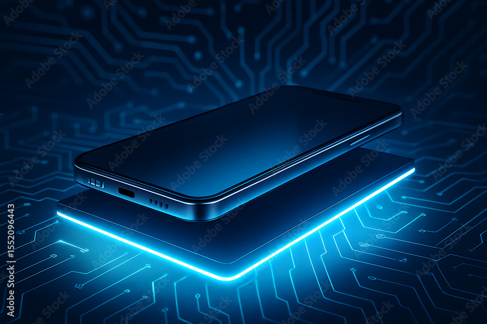 Poster futuristic smartphone on illuminated digital platform with glowing circuit board background represen