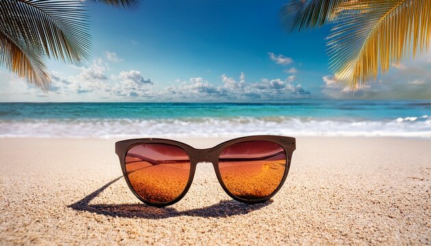 hello summer banner with sunglasses on tropical beach background