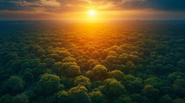 Aerial forest sunset, city backdrop