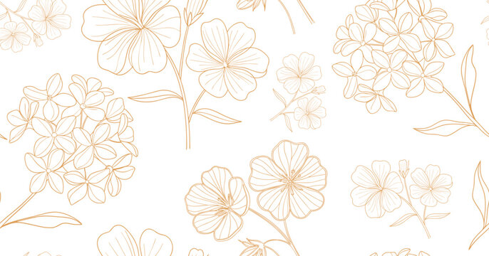 Seamless floral pattern with blooming flowers and decorative leaves in a vintage style