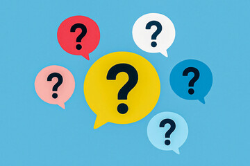 Multiple Colorful Speech Bubbles with Question Marks on Blue Background