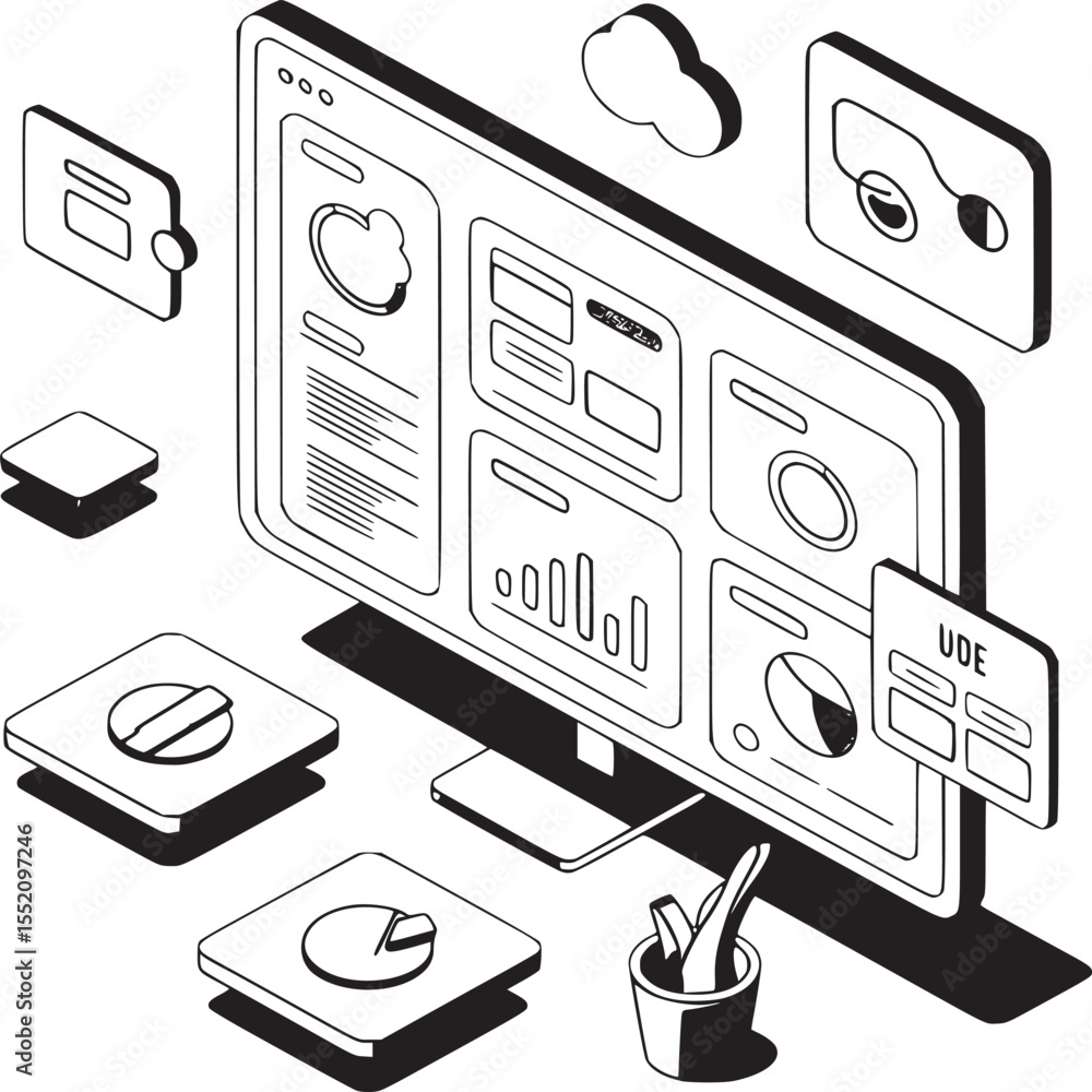 Poster isometric illustration of computer monitor displaying data dashboards and other elements