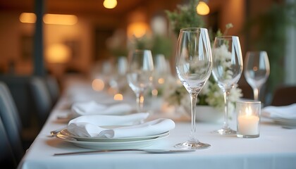 Fototapeta premium beautifully set fine dining table in a high-end restaurant. Includes crystal wine glasses