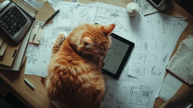 Designer creating digital artwork on tablet surrounded by sketches home studio digital art cozy environment top-down viewpoint creative process