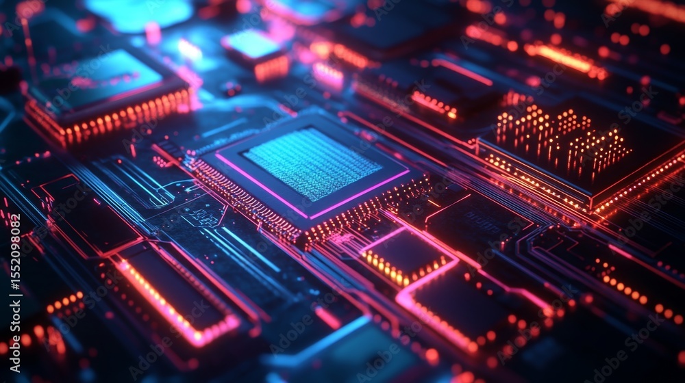 Poster exploring semiconductor nano circuits technology lab detailed shot futuristic environment close-up v