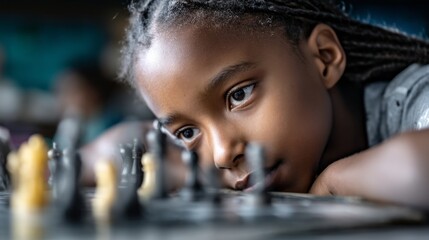 A young girl is playing chess with a group of children. She is looking at the board and seems to be concentrating