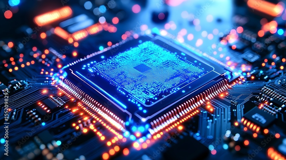 Poster glowing cpu on circuit board, digital data flow, technology background, futuristic concept