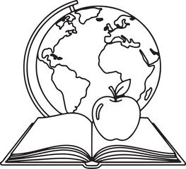 An open book with an illustration of a globe represents the global concept of education and the world of knowledge back to school