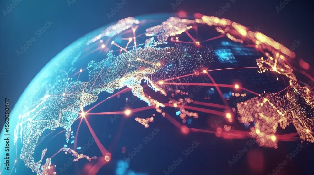 Poster connecting digital globes a global network visualization in a high-tech environment from a dynamic p