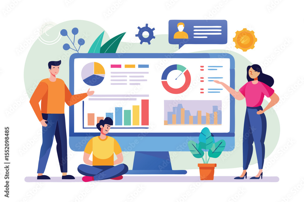 Poster team members collaborate on analytics and monitoring strategy in an office setting with data visuali