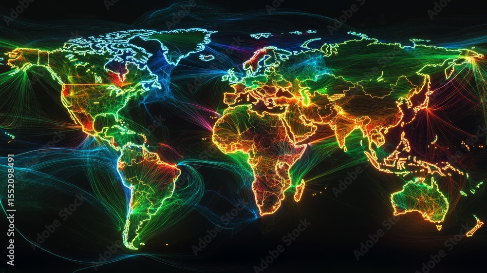 Poster exploring global connectivity a digital world map with glowing routes in a futuristic environment