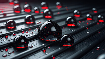 
"Macro Shot of Water Droplets on Dark Ribbed Surface with Red Light – Abstract Tech Wallpaper"