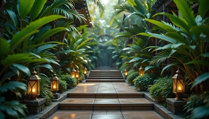 Pathway lined with lush green tropical plants and ornate lanterns leading to a dimly lit entrance
