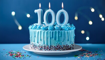 blue birthday cake with sprinkles on a white cake plate and blue background with 100 candles on top