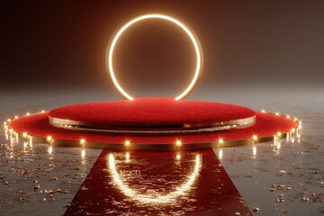 Illuminated circular stage with red carpet and golden lights in a dimly lit setting