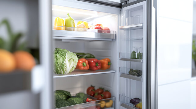 Multidoor fridge with adjustable shelves and LED lighting, white background