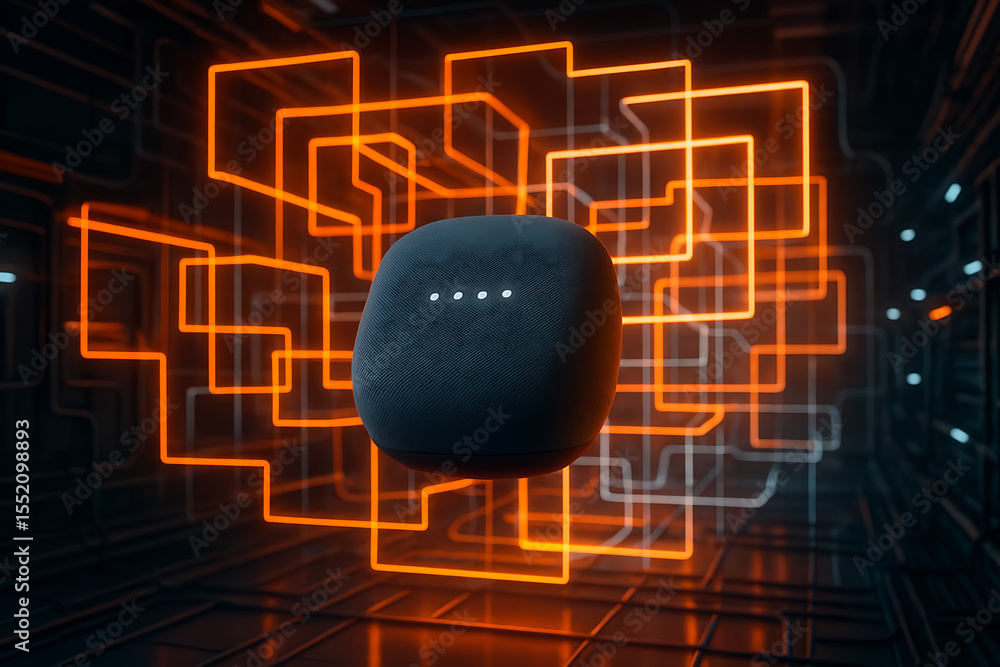 Poster futuristic smart speaker levitating in digital environment with glowing orange neon circuit lines re