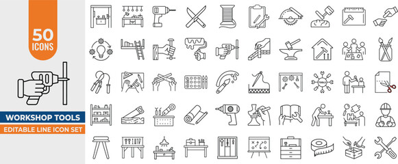 Workshop Tools line Icon Set – Vector Icons for DIY & Repair Projects. Editable Stroke. Vector illustration