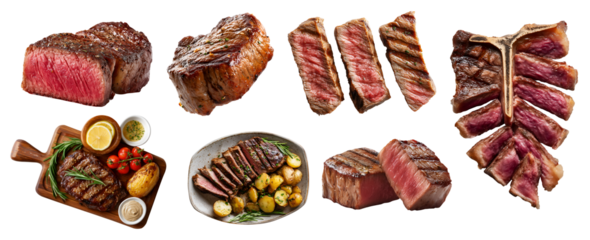 Set of beef steak meat, tomahawk T-bone sirloin Wagyu tenderloin ribeye, sliced, barbeque bbq grilled, on serving wooden board, plate isolated on transparent cutout PNG. Mockup template for design