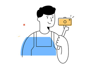 A happy male vlogger holds camera on selfie stick recording content, representing modern social media content creation and digital technology engagement