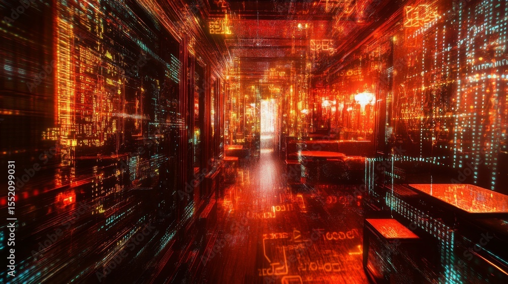 Poster exploring a digital cyberspace of glowing data lines virtual environment immersive experience futuri