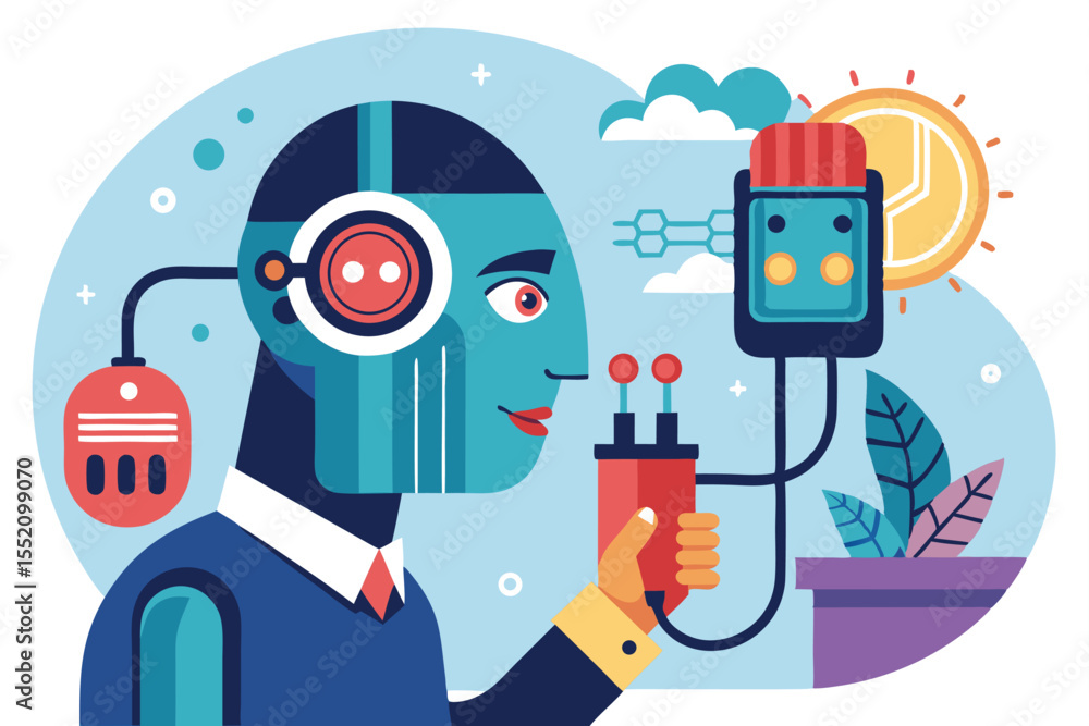 Poster robot head with a man connecting a power plug to an electric socket in a bright and modern workspace