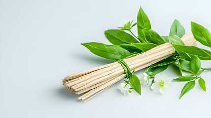 Bamboo chopsticks, greenery, flowers, white background, spa