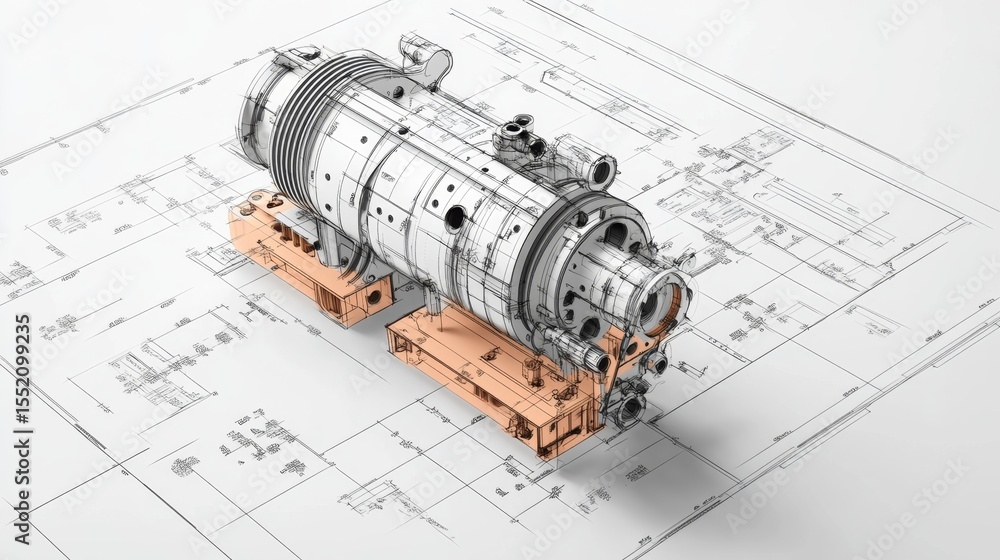 Poster creating a detailed digital engineering drawing of a mechanical pump in a technical workspace for en