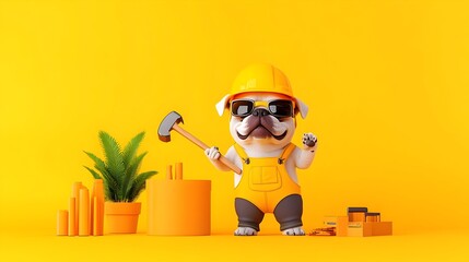 Fototapeta na wymiar Bulldog builder on yellow background, home renovation