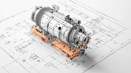 Creating a detailed digital engineering drawing of a mechanical pump in a technical workspace for enhanced visualization