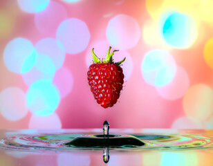 Crimson Raspberry Floating with Water Droplet and Splash