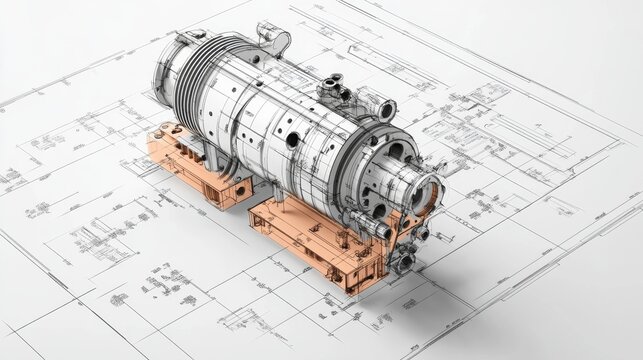 Creating a detailed digital engineering drawing of a mechanical pump in a technical workspace for enhanced visualization