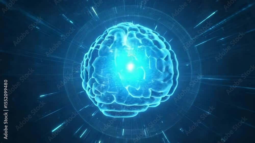 Poster An animated brain glows and pulsates, surrounded by digital rays. Perfect for content about artificial intelligence and thinking.