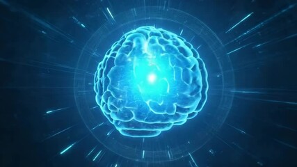 An animated brain glows and pulsates, surrounded by digital rays. Perfect for content about artificial intelligence and thinking. - Powered by Adobe