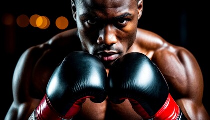A muscular Black man in boxing gloves poses confidently. He has short hair and a focused expression, set against a dark background with soft lighting.
