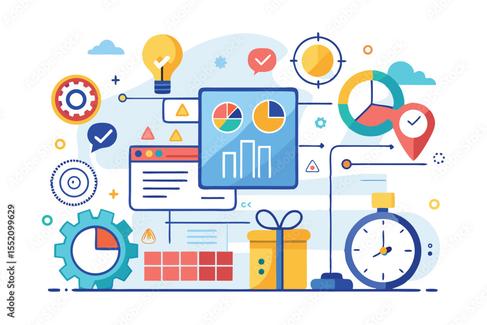 Poster concept of time management and planning illustrated with colorful charts and organizational tools in