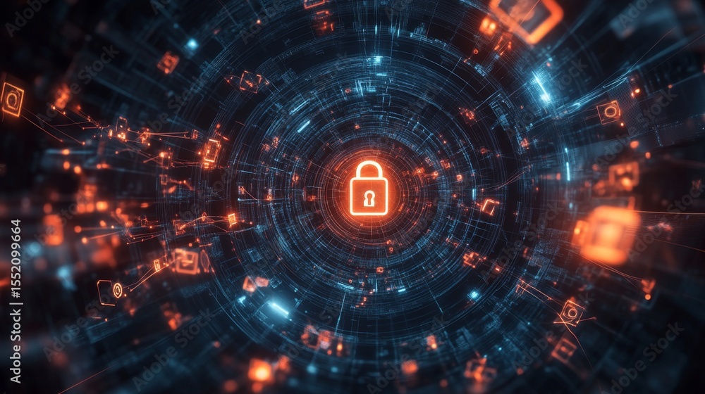 Poster unlocking digital security exploring a glowing tech-web surrounding a digital lock in a futuristic e