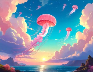 Jellyfish flying on the beach