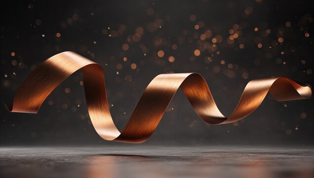 A smooth, copper ribbon is floating in the air against a black background. The ribbon's curves and undulating shape create an elegant contrast with its metallic texture.