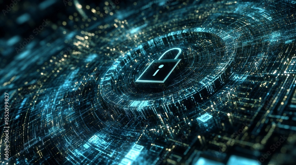 Poster exploring digital security the role of a futuristic lock symbol in cybersecurity graphics virtual en